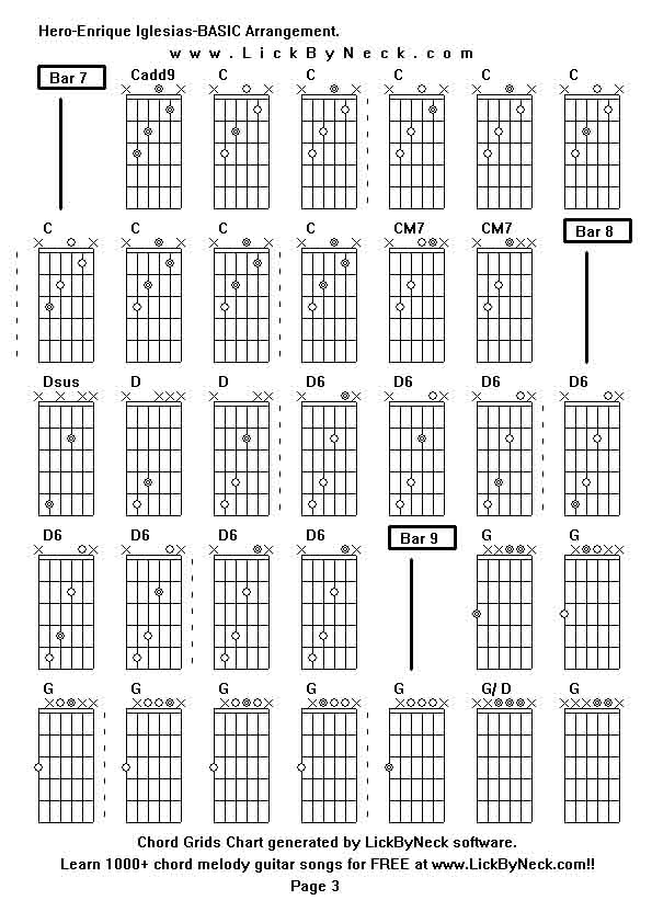 Chord Grids Chart of chord melody fingerstyle guitar song-Hero-Enrique Iglesias-BASIC Arrangement,generated by LickByNeck software.